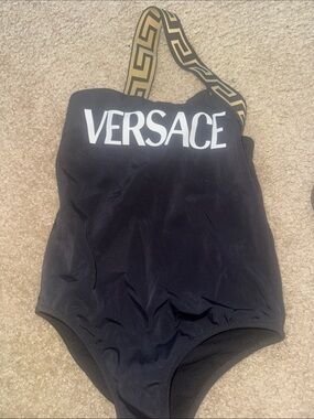 Versace Black Swimsuit with Gold Greek-Key Strap